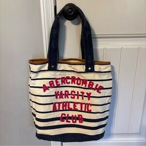 Y2K Abercrombie Fitch Blue Canvas Leather Trim Tote Bag Shoulder Bag Carryall